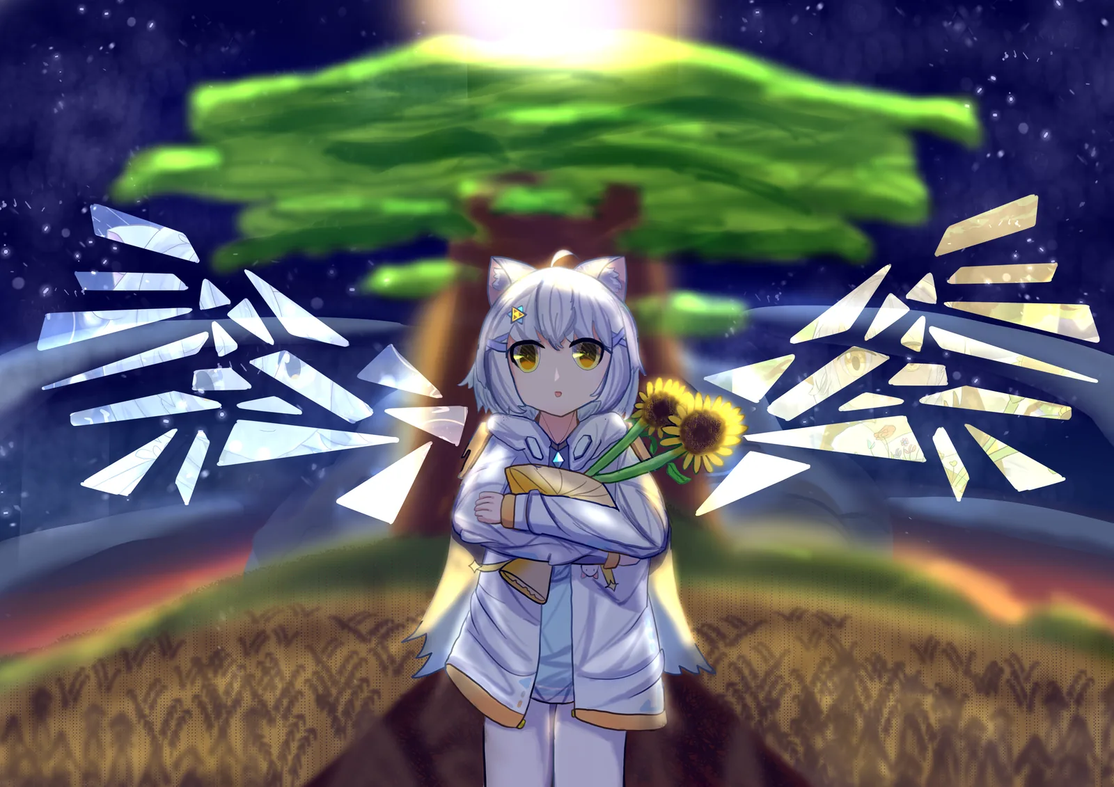 原创世界观视觉：白发少女站在发光的巨树前，手捧向日葵，背景为星空